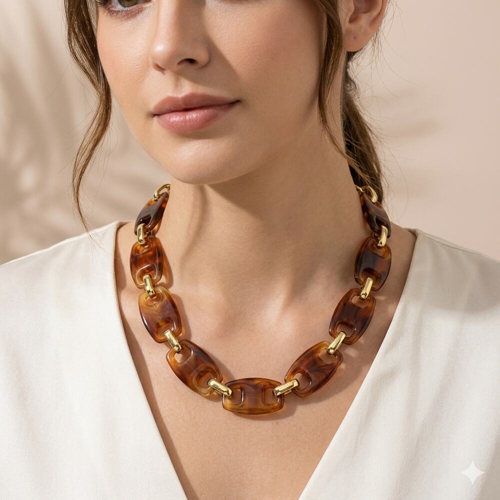 Brown Gradient Oval Acrylic Card Necklace With KC Gold Plated Alloy
